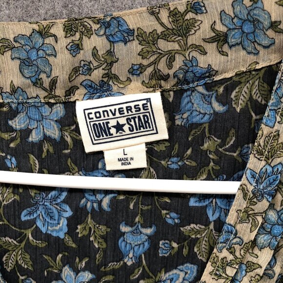 NWT Converse Chiffon Blouse Womens L Blue Floral V-Neck Short Sleeve Pintuck - Picture 6 of 10